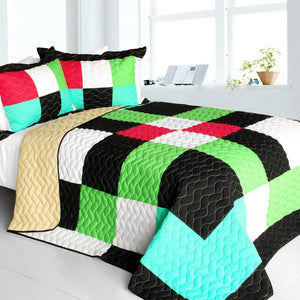 Green Black White Turquoise & Hot Pink Geometric Teen Bedding Full/Queen Quilt Set Modern Bedspread