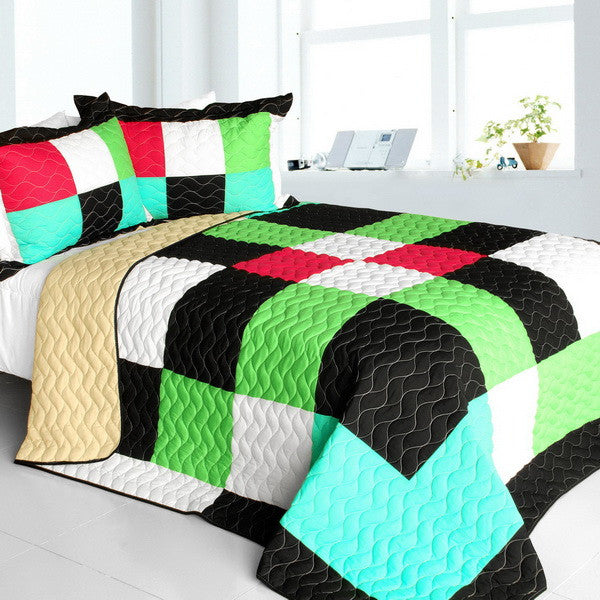 Green Black White Turquoise & Hot Pink Geometric Teen Bedding Full/Queen Quilt Set Patchwork Bedspread