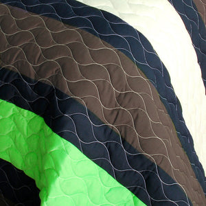 Black Brown Green Striped Teen Boy Bedding Full/Queen Quilt Set - Detail