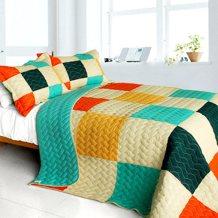 Modern Orange Green Patchwork Teen Bedding Full/Queen Quilt Set Colorblock Bedspread