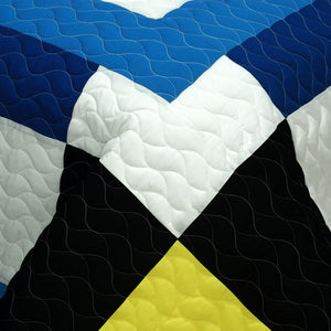 White Blue Yellow Black Geometric Teen Boy Bedding Full/Queen Patchwork Quilt Set Modern Bespread