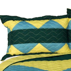 Green Blue Yellow Geometric Teen Boy Bedding Full/Queen Quilt Set - Pillow Sham