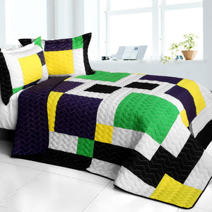 Black White Green Yellow Geometric Teen Bedding Full/Queen Quilt Set Patchwork Bedspread