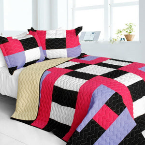 Hot Pink Lavender Black White & Tan Checkered Teen Girl Bedding Full/Queen Quilt Set Geometric Bedspread
