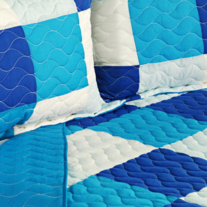 Modern White Blue Patchwork Teen Bedding Boy Girl Quilt Set Geometric Bedspread