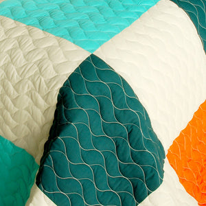 Modern Orange Green Patchwork Teen Bedding Full/Queen Quilt Set - Detail