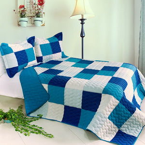 Modern White Blue Patchwork Teen Bedding Boy Girl Quilt Set Geometric Bedspread