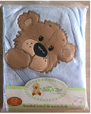 Vintage New Little Suzy's Zoo Blue Infant Baby Hooded Towel & Washcloth Set Boof Brown Bear Appliqué 30" x 26"