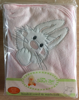 New Little Suzy's Zoo Pink Baby Girl Hooded Towel & Washcloth Set Lulla Bunny 30" x 26" Vintage