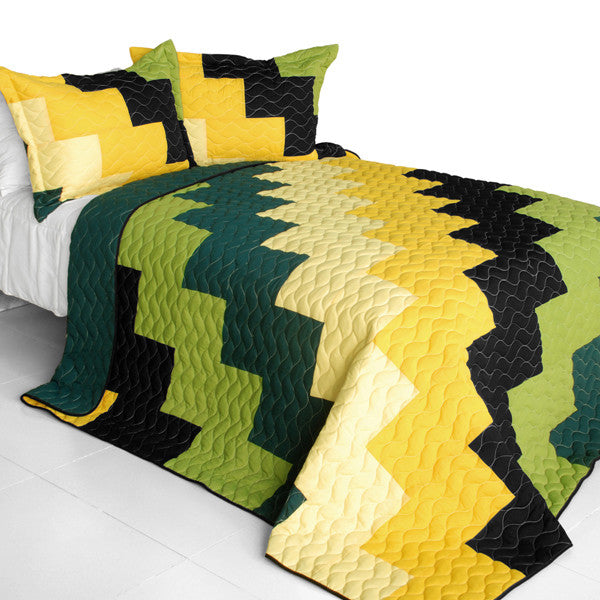 Black Green Yellow Zig-Zag Patchwork Teen Boy Bedding Full/Queen Quilt Set Modern Geometric Bedspread