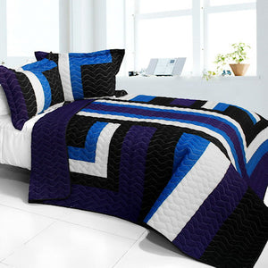Black Blue White Geometric Teen Boy Bedding Full/Queen Quilt Set Elegant Striped Bedspread