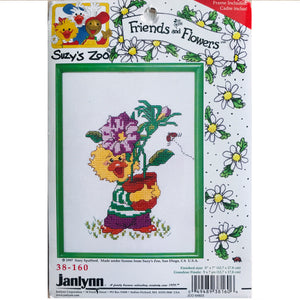Suzy's Zoo Vintage Counted Cross Stitch Kit with Frame Friends & Flowers Chuckie Ducken Yellow Duck with Flower Pot 1997