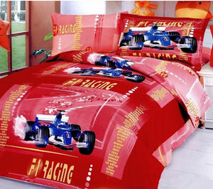 Elegant Cotton Race Car Formula One Boys Bedding Twin Duvet Cover Set Red or Blue