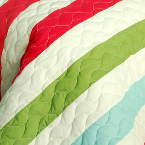 Green Red Blue Striped Teen Bedding Full/Queen Quilt Set - Detail