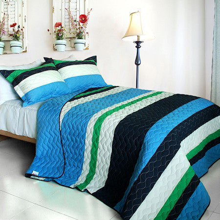 Blue Green & Navy Striped Teen Bedding Full/Queen Quilt Set Modern Bedspread
