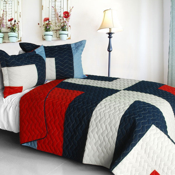 Red White Navy Criss-Cross Geometric Teen Boy Bedding Full/Queen Quilt Set