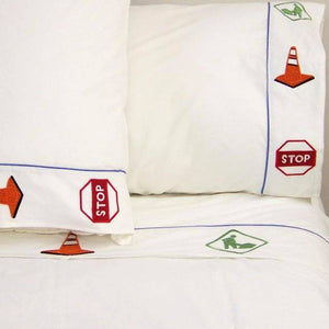 Cotton Road Construction Signs Queen White Linen Kids Bed Sheets Set for Boys Embroidered
