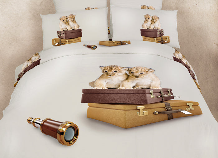 Luxury Cotton Safari Travels Baby Leopards Bedding Twin XL or Queen Duvet Cover Set Designer Ensemble