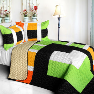 Geometric Orange Black Green Teen Boy Bedding Full/Queen Quilt Set Modern Bedspread