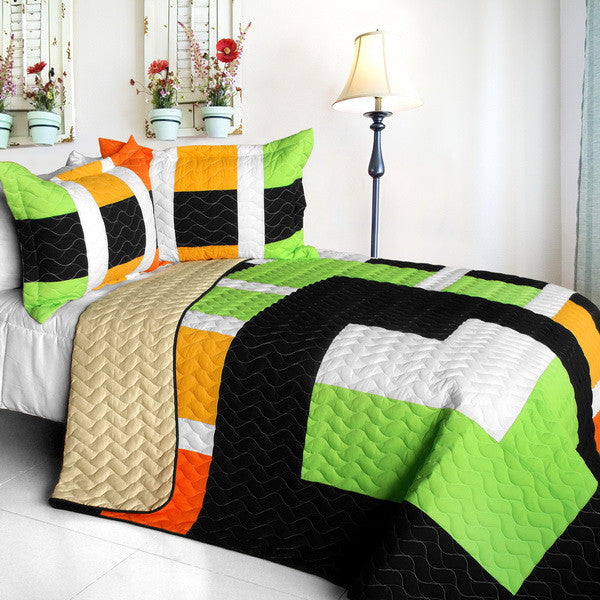Geometric Orange Black Green Patchwork Teen Boy Bedding Full/Queen Quilt Set Modern Bedspread