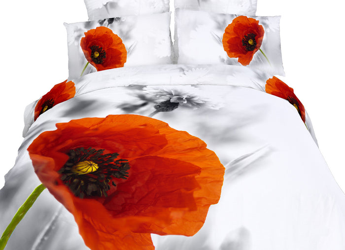 Luxury Cotton White & Red Poppies Floral 3D Bedding Twin XL Duvet Cover Set Designer Ensemble