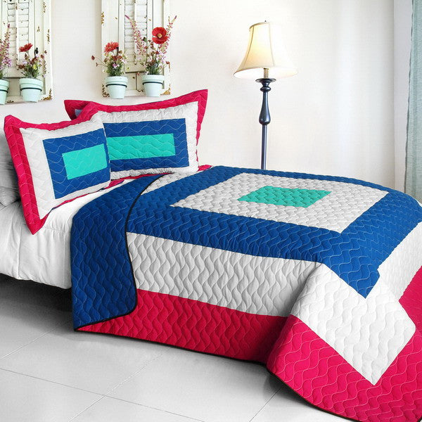Hot Pink Blue White & Turquoise Geometric Teen Bedding Full/Queen Quilt Set Modern Bedspread