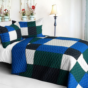 Elegant Blue Green White Navy Checkered Teen Boy Bedding Full/Queen Quilt Set
