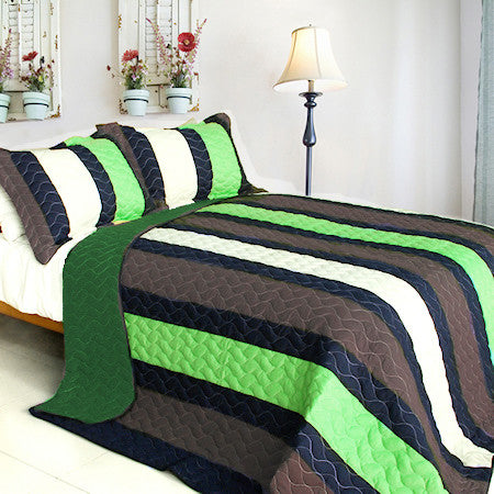 Elegant Navy Grey White & Green Striped Teen Boy Bedding Full/Queen Quilt Set Modern Bedspread