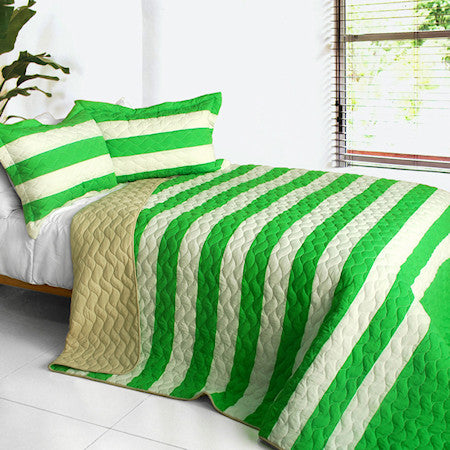Green Soccer Theme Striped Bedding Girl or Boy Full/Queen Quilt Set Modern Bedspread