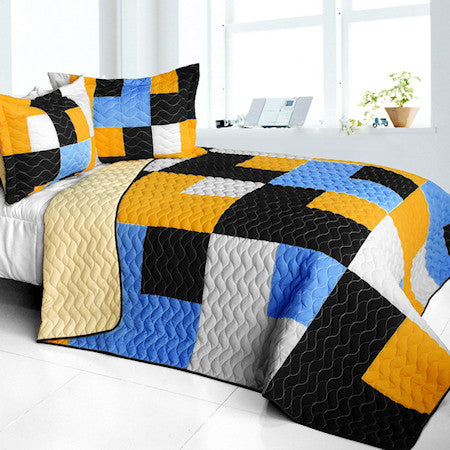 Black White Blue & Yellow Geometric Colorblock Boys Bedding Full/Queen Patchwork Teen Quilt Set Modern Bedspread