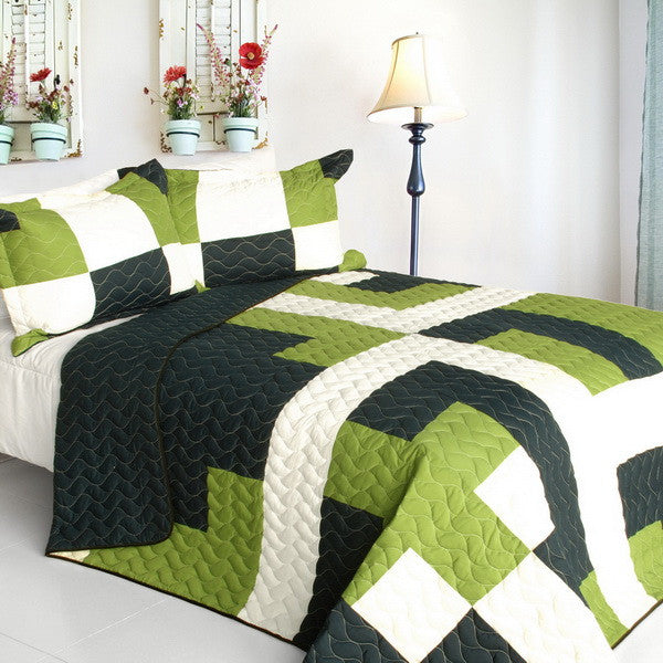 Geometric Green White Crisscross Teen Boy Bedding Full/Queen Quilt Set Modern Patchwork Bedspread