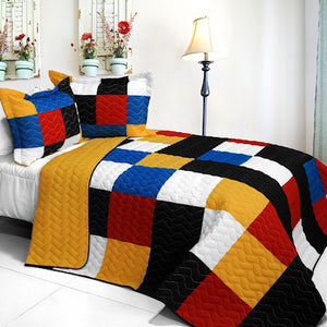 Black White Yellow & Red Checkered Teen Boy Bedding Full/Queen Quilt Set Geometric Bedspread