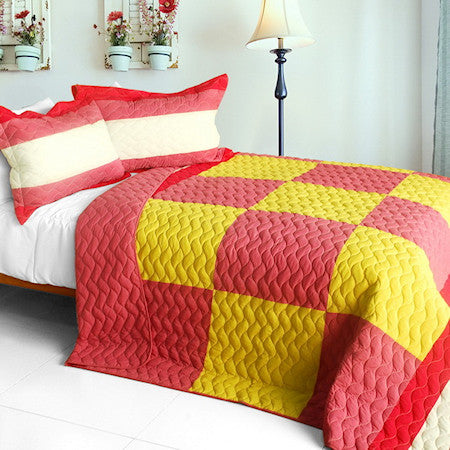 Geometric Hot Pink Yellow Patchwork Teen Girl Bedding Full/Queen Quilt Set Modern Bedspread