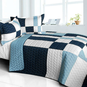 Blue White Navy Patchwork Teen Boy Bedding 3pc Full/Queen Quilt Set Checkered Bedspread