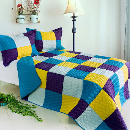 Blue Purple Yellow Patchwork Teen Boy Girl Bedding Full/Queen Modern Colorblock Quilt Set