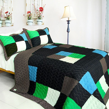 Black Blue Green Checkered Mining Pixels Boys Bedding Twin Quilt Set Geometric Bedspread