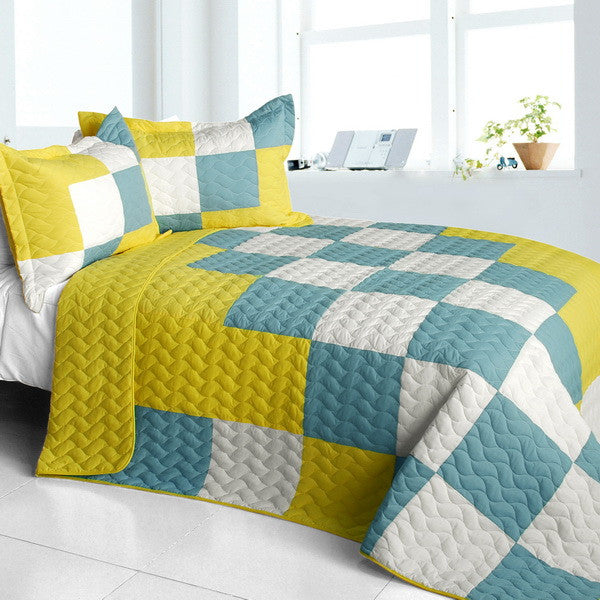 Modern Blue Yellow & White Checkered Teen Bedding Full/Queen Quilt Set Geometric Bedspread