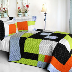 Geometric Orange Black Green Patchwork Teen Bedding Full/Queen Quilt Set Modern Bedspread