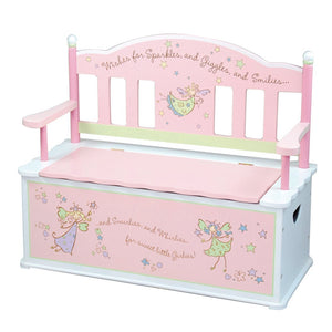 Fairy Wishes Pink White Wooden Bench Seat with Storage Kids Play Furniture