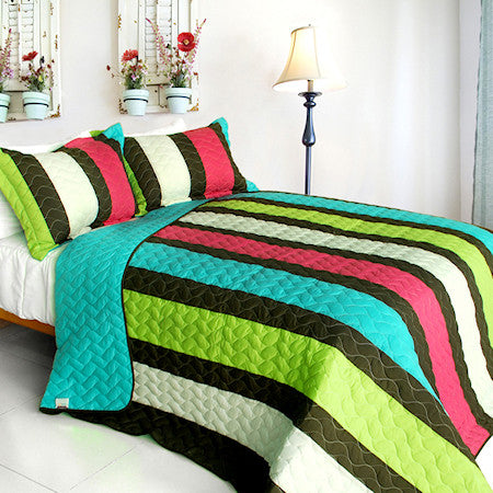 Green Blue Hot Pink Striped Teen Girl Bedding Full/Queen Quilt Set Modern Bedspread