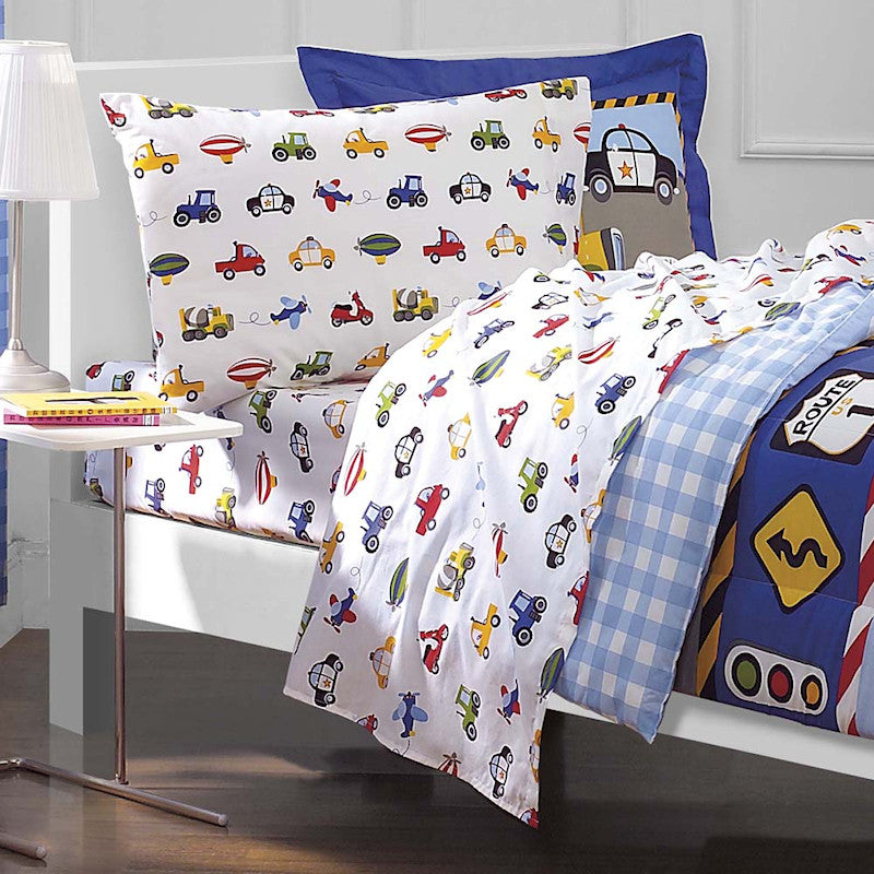 Kreative Kids Construction Trucks Police Cars Tractors Boys Twin Comforter Set 5 Piece Bedding