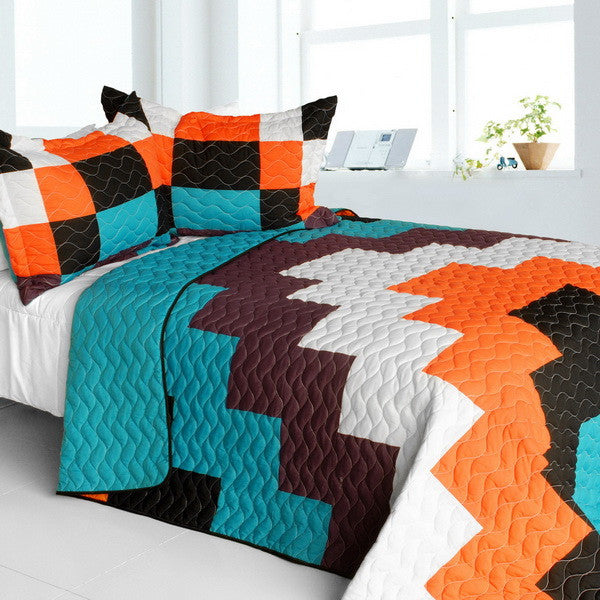 Turquoise Blue Orange Black & White Geometric Teen Bedding Full/Queen Quilt Set Patchwork Colorblock Bedspread
