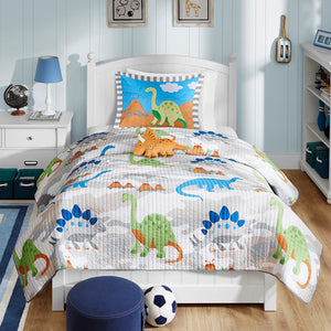 Friendly Dinosaur Beddding Twin Full/Queen Little Boys Quilt Set Bedspread & Plush Pillow