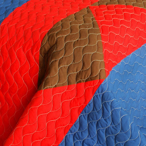 Red Blue Brown Geometric Teen Boy Bedding Full/Queen Quilt Set - Detail