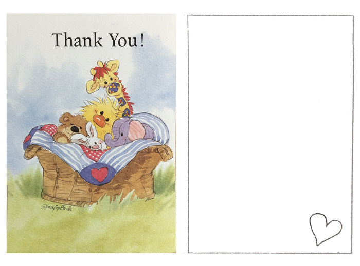 Little Suzy's Zoo Baby Animals in Basket Thank You Greeting Card with Envelope - Witzy Duck, Bear, Bunny, Giraffe, Elephant