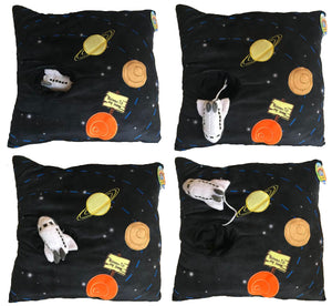 Outer Space Black Plush Decorative Pillow 13" with Attached Rocket Toy