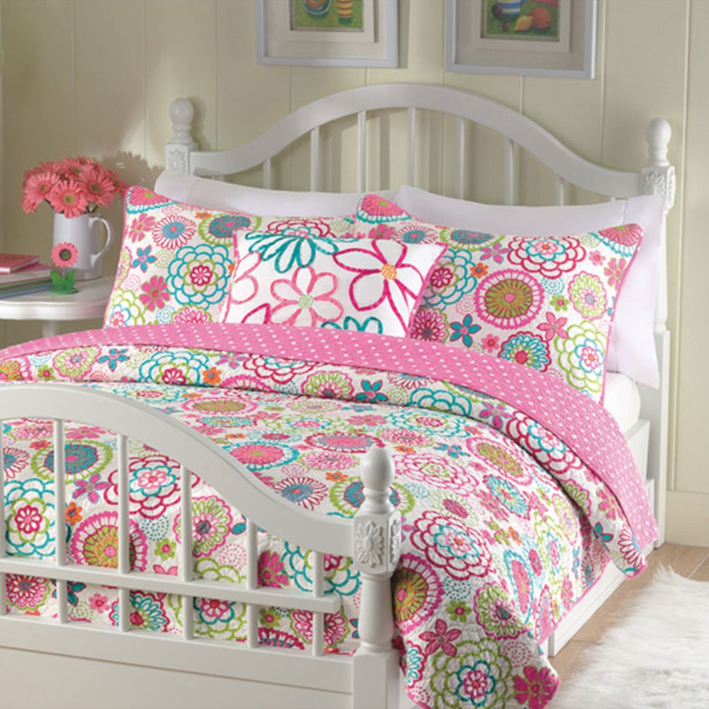 Pink Green Flower Garden Polka Dot Girl Bedding Twin Full/Queen King Quilt or Comforter Set