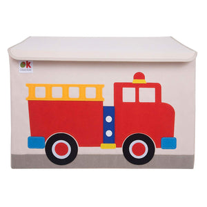 Red Fire Truck Appliqued Toy Storage Chest / Foldable Canvas Box / Bin 24"