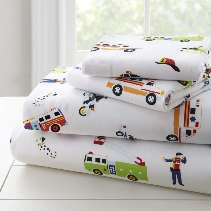 Rescue Heroes Police Fire Trucks Ambulance Kids Microfiber Bed Sheet Set Toddler Twin Full