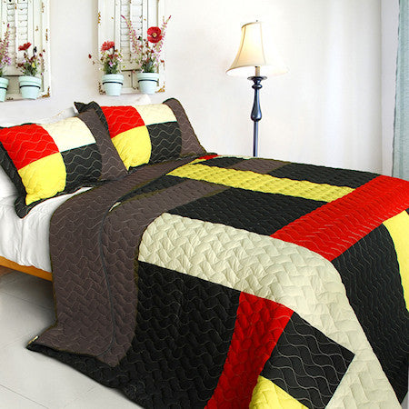 Black Gray Red Yellow Striped Teen Bedding Full/Queen Quilt Set Modern Geometric Bedspread